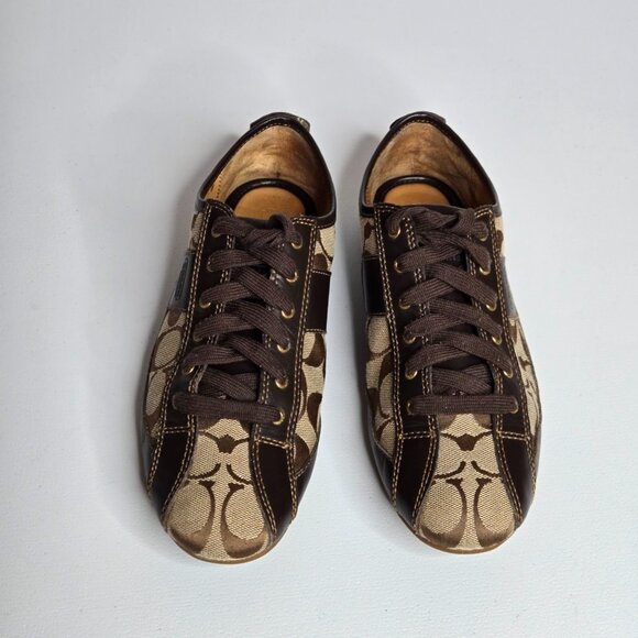 Coach Suee Khaki Chestnut Canvas Brown Leather Trim Sneaker Shoe Sz 8B A1258 - Picture 4 of 9